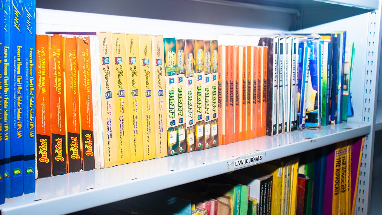 Shelves of law books in a legal library