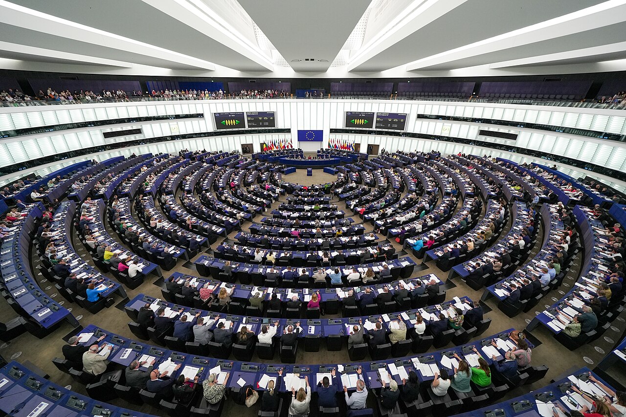 The European Parliament hemicycle in Strasbourg during a plenary session.