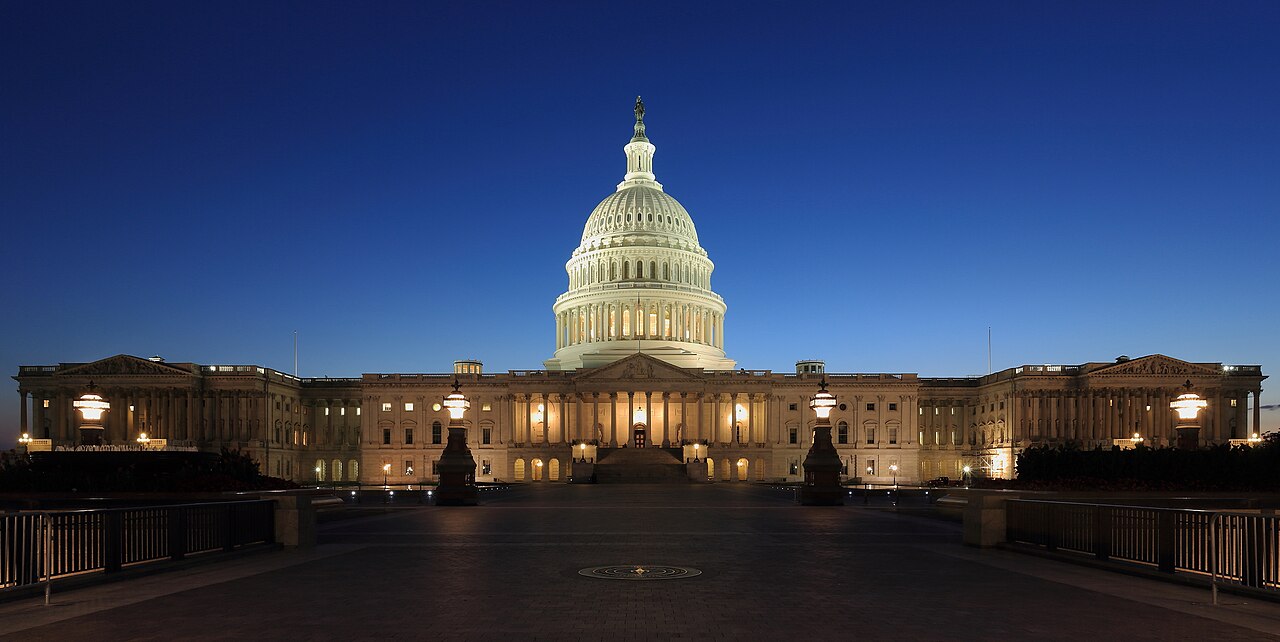 The United States Capitol building at dusk