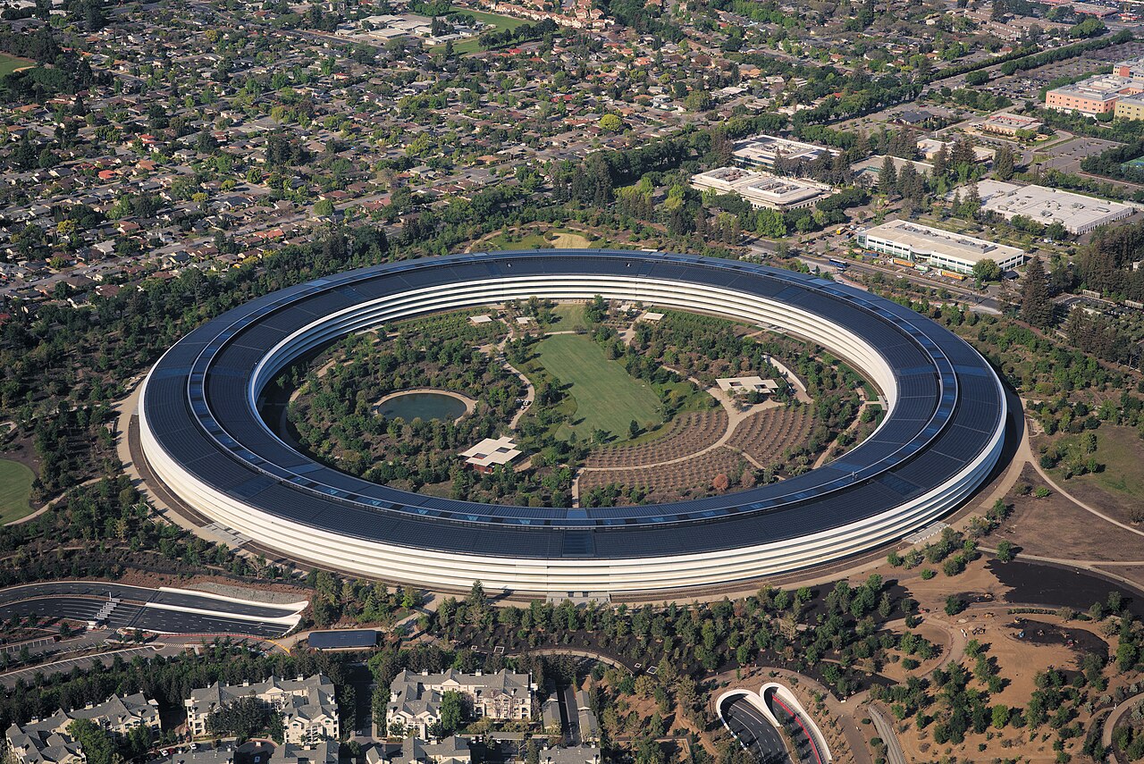 Aerial view of the Apple Park campus, Apple's headquarters in Cupertino, California.