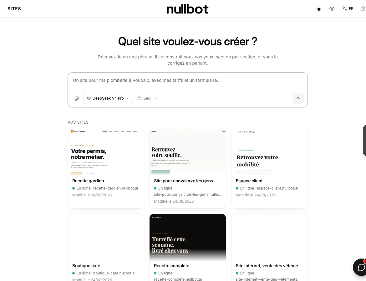 The nullbot site studio: the field where you describe the site to build, and below it the sites already online with their address.